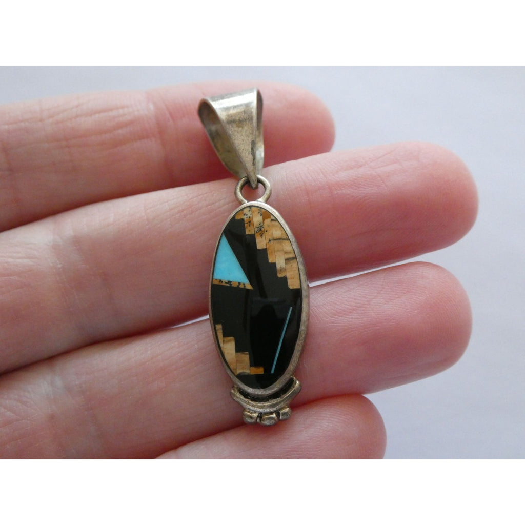 NA Navajo Peterson Chee Sterling Silver Turquoise Jasper and Onyx Inlay Pendant