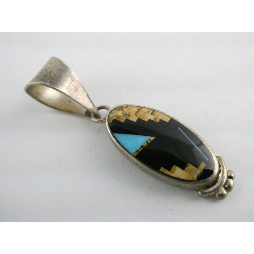 NA Navajo Peterson Chee Sterling Silver Turquoise Jasper and Onyx Inlay Pendant