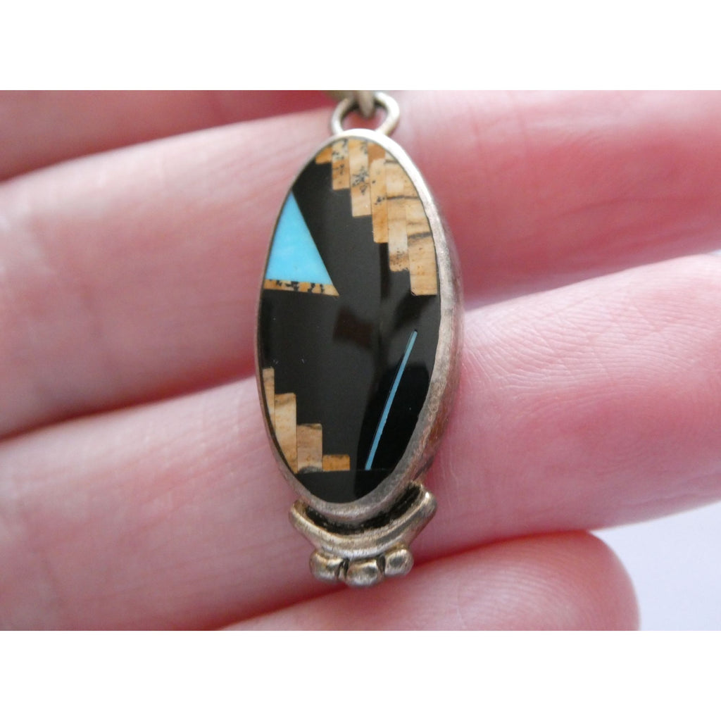 NA Navajo Peterson Chee Sterling Silver Turquoise Jasper and Onyx Inlay Pendant