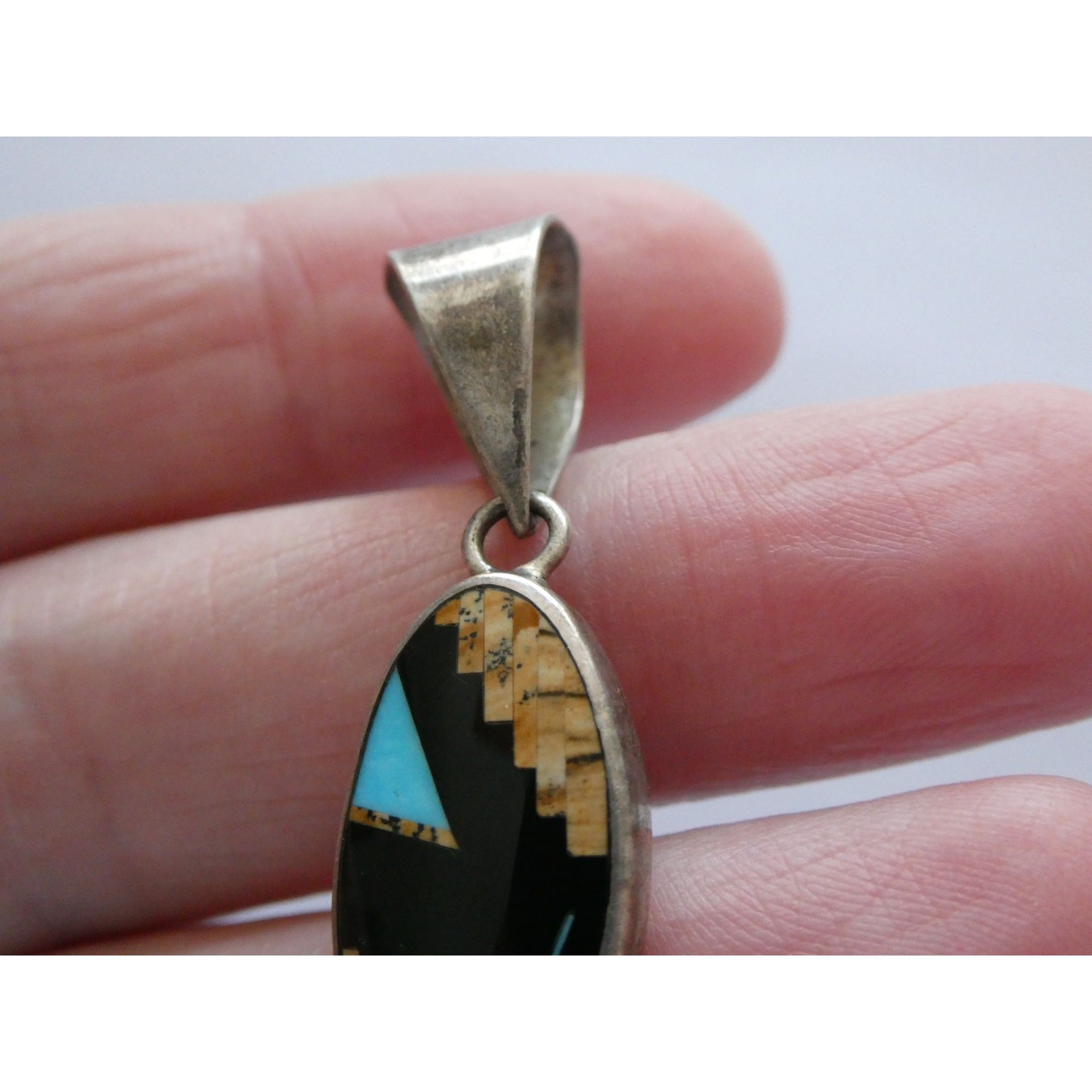 NA Navajo Peterson Chee Sterling Silver Turquoise Jasper and Onyx Inlay Pendant