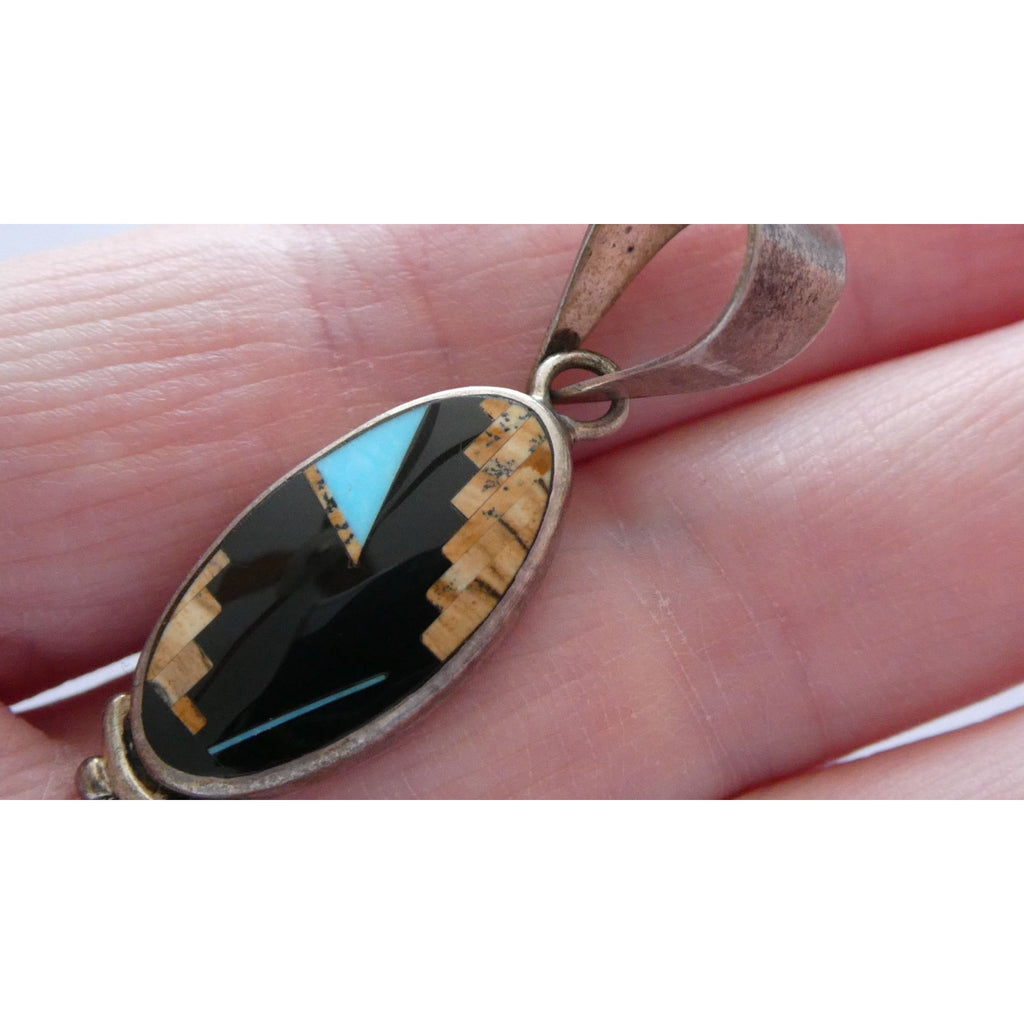 NA Navajo Peterson Chee Sterling Silver Turquoise Jasper and Onyx Inlay Pendant