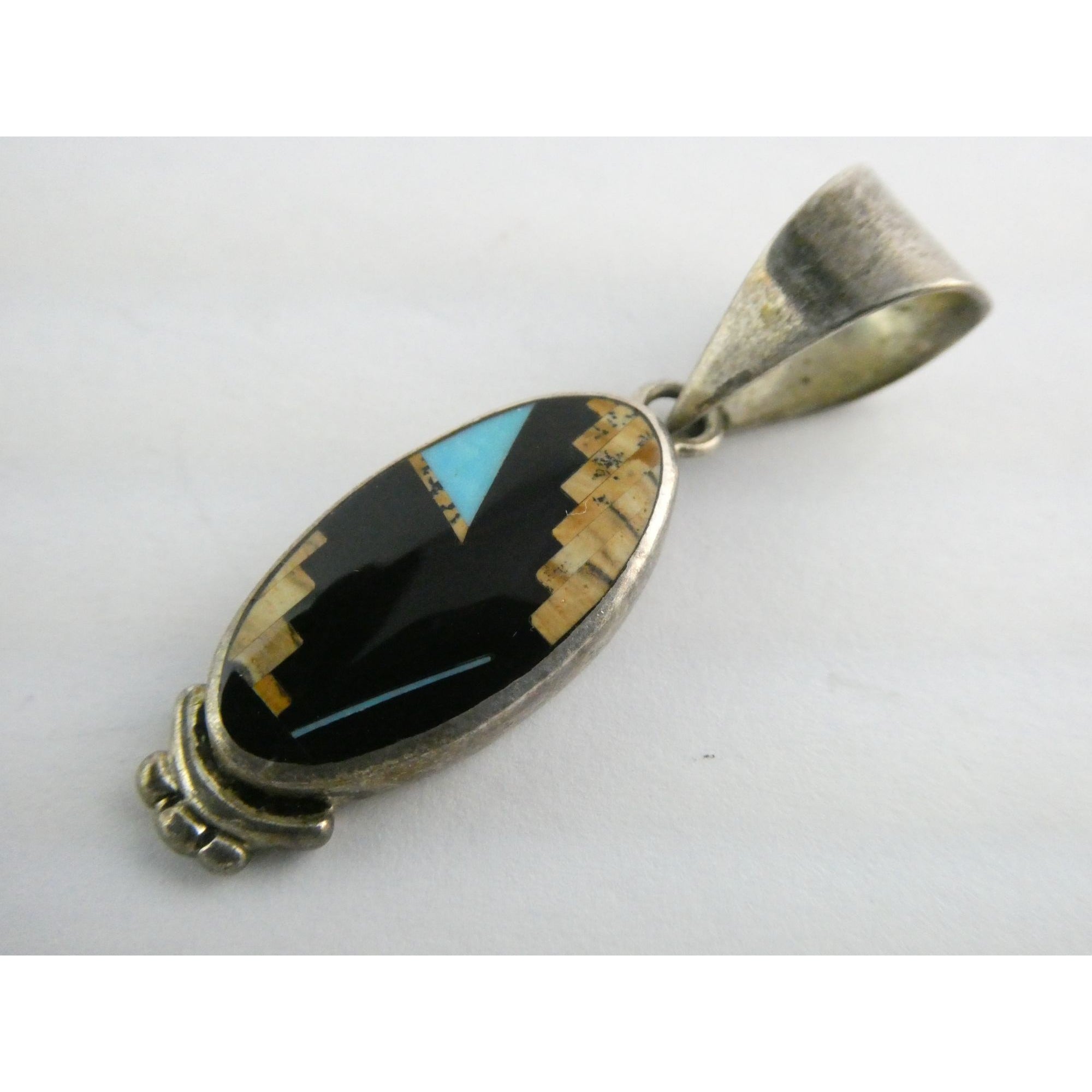 NA Navajo Peterson Chee Sterling Silver Turquoise Jasper and Onyx Inlay Pendant