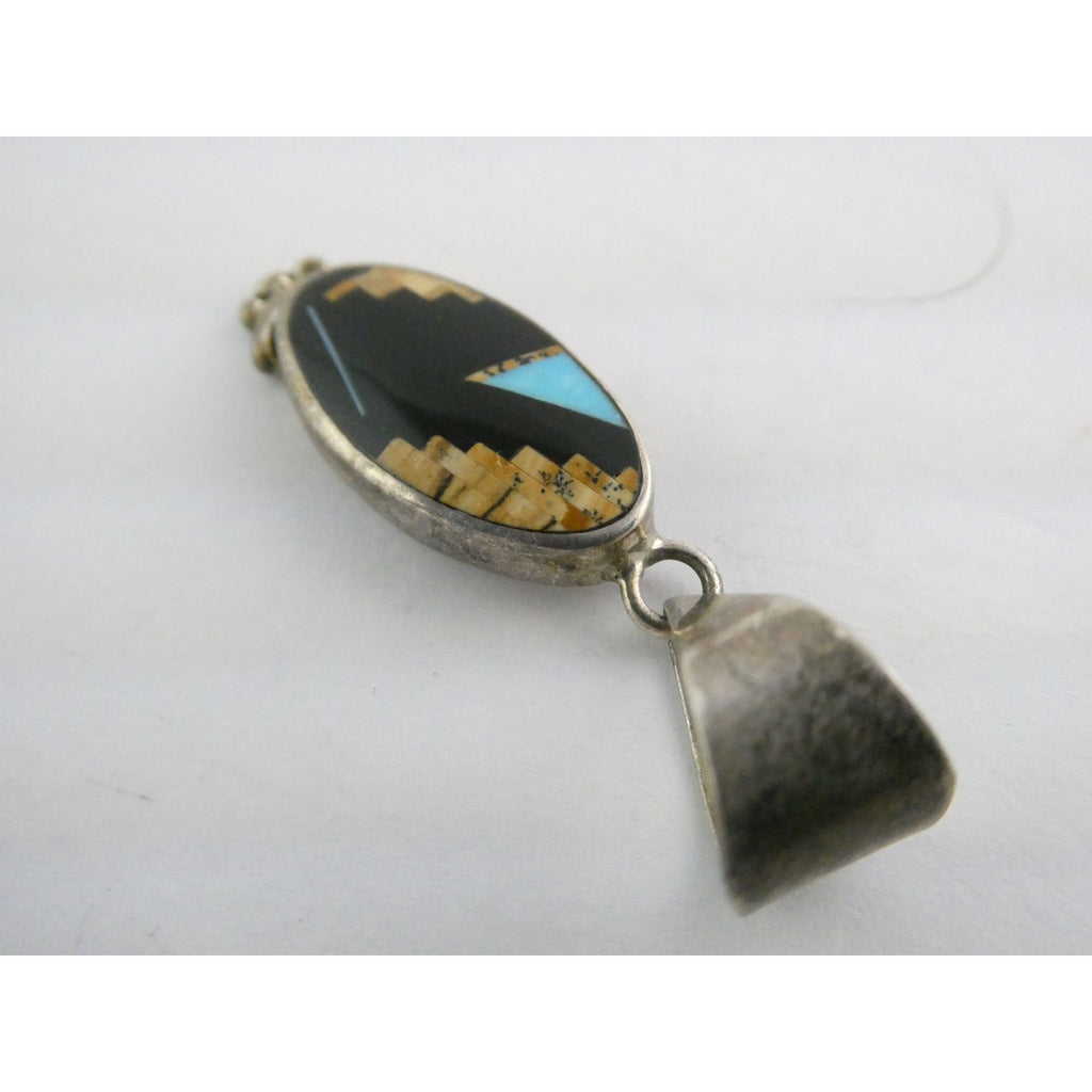 NA Navajo Peterson Chee Sterling Silver Turquoise Jasper and Onyx Inlay Pendant