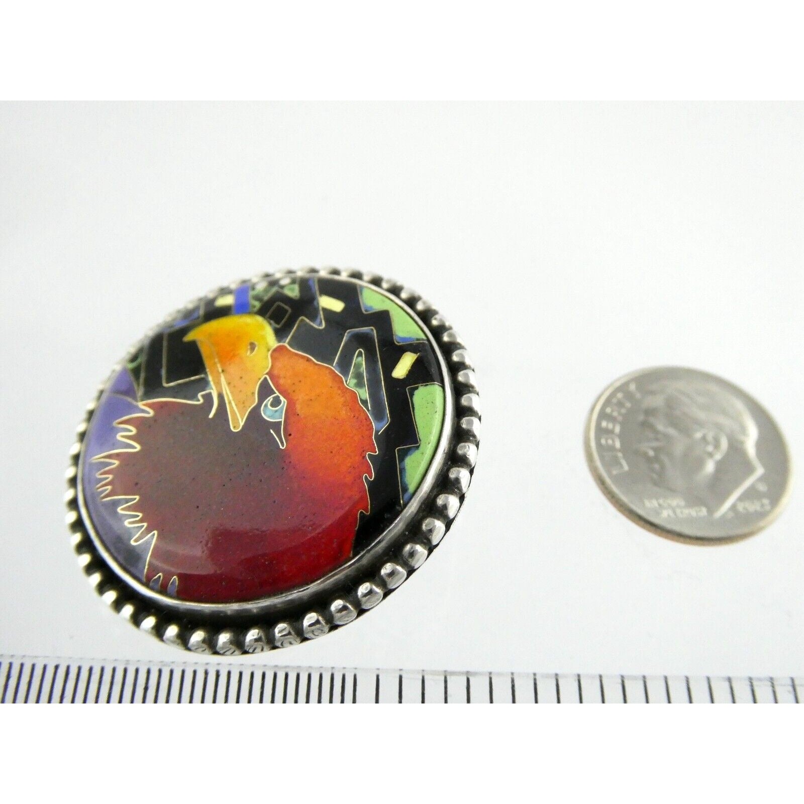 Linda Lundell Sacred Earth Cloisonne Golden Eagle Sterling Silver Pendant 925