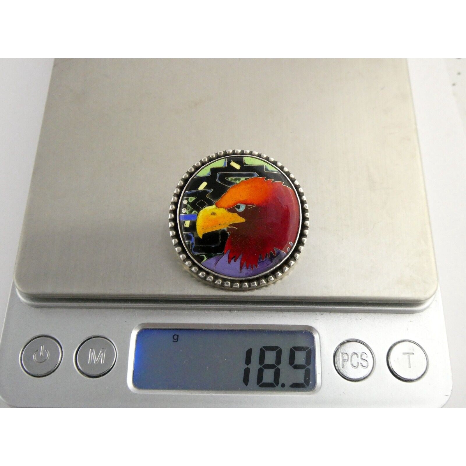 Linda Lundell Sacred Earth Cloisonne Golden Eagle Sterling Silver Pendant 925
