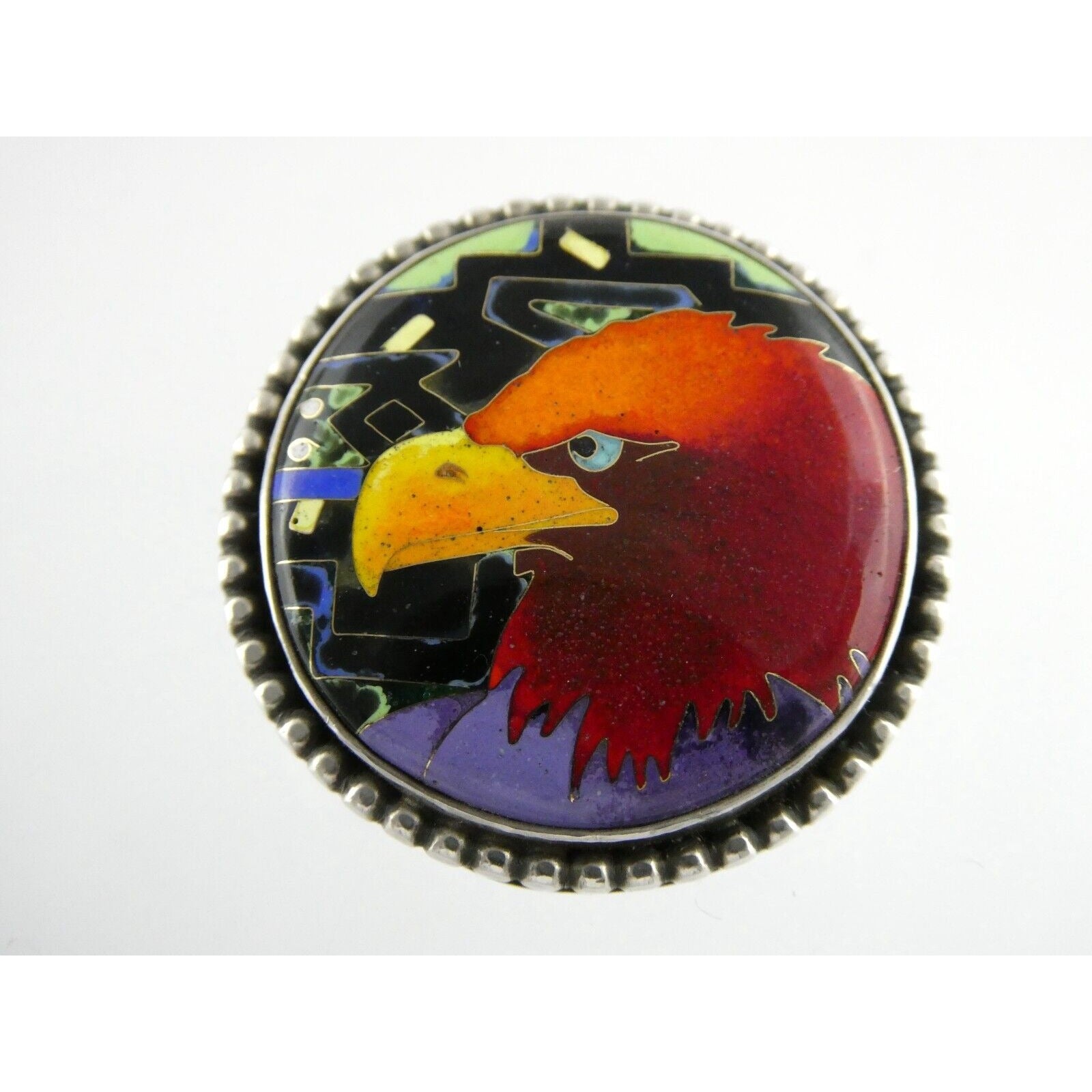 Linda Lundell Sacred Earth Cloisonne Golden Eagle Sterling Silver Pendant 925