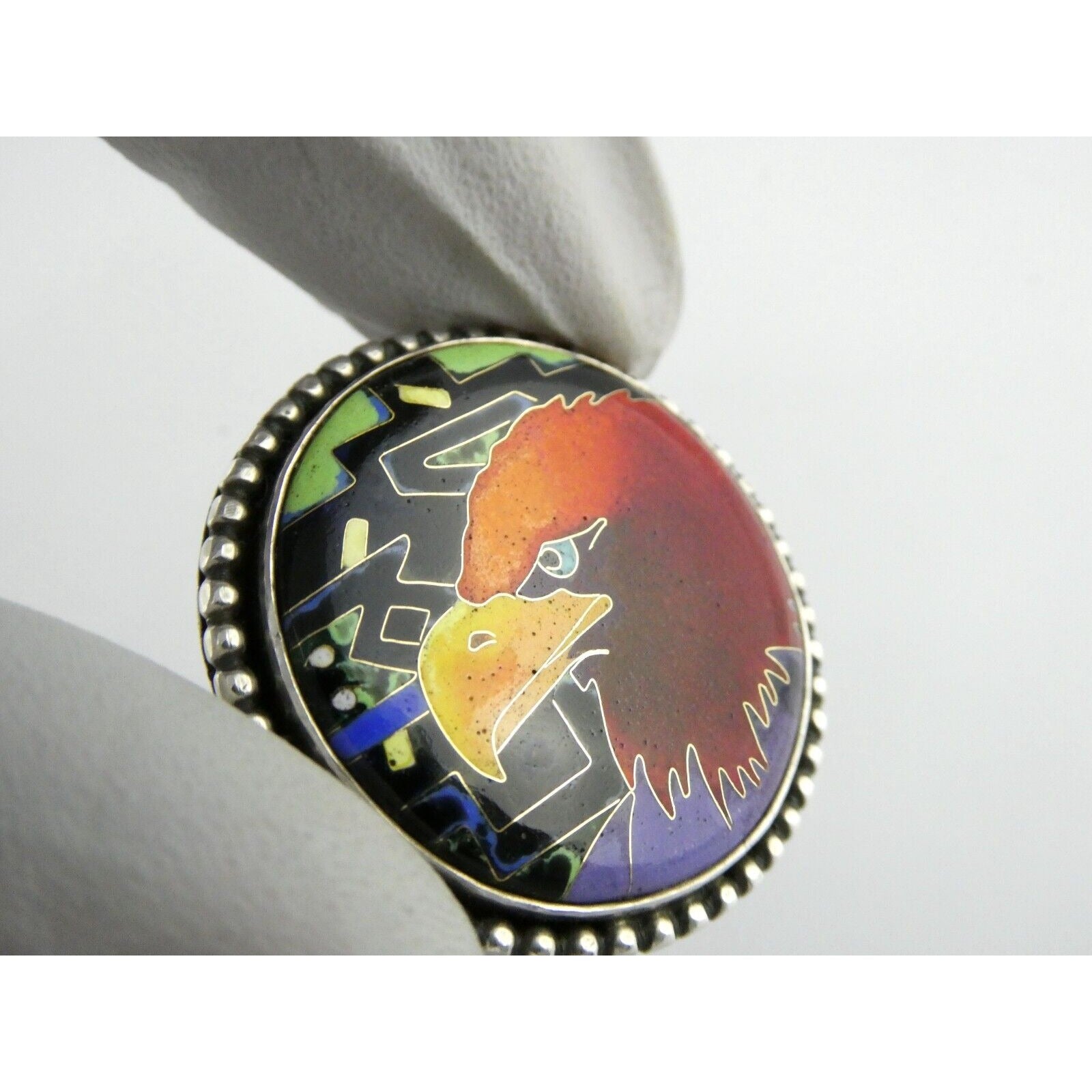 Linda Lundell Sacred Earth Cloisonne Golden Eagle Sterling Silver Pendant 925