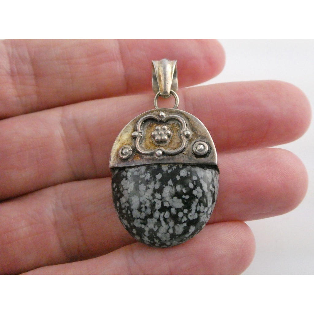 Sterling Silver Snowflake Obsidian Pendant 9g Weight 41mm Total Length