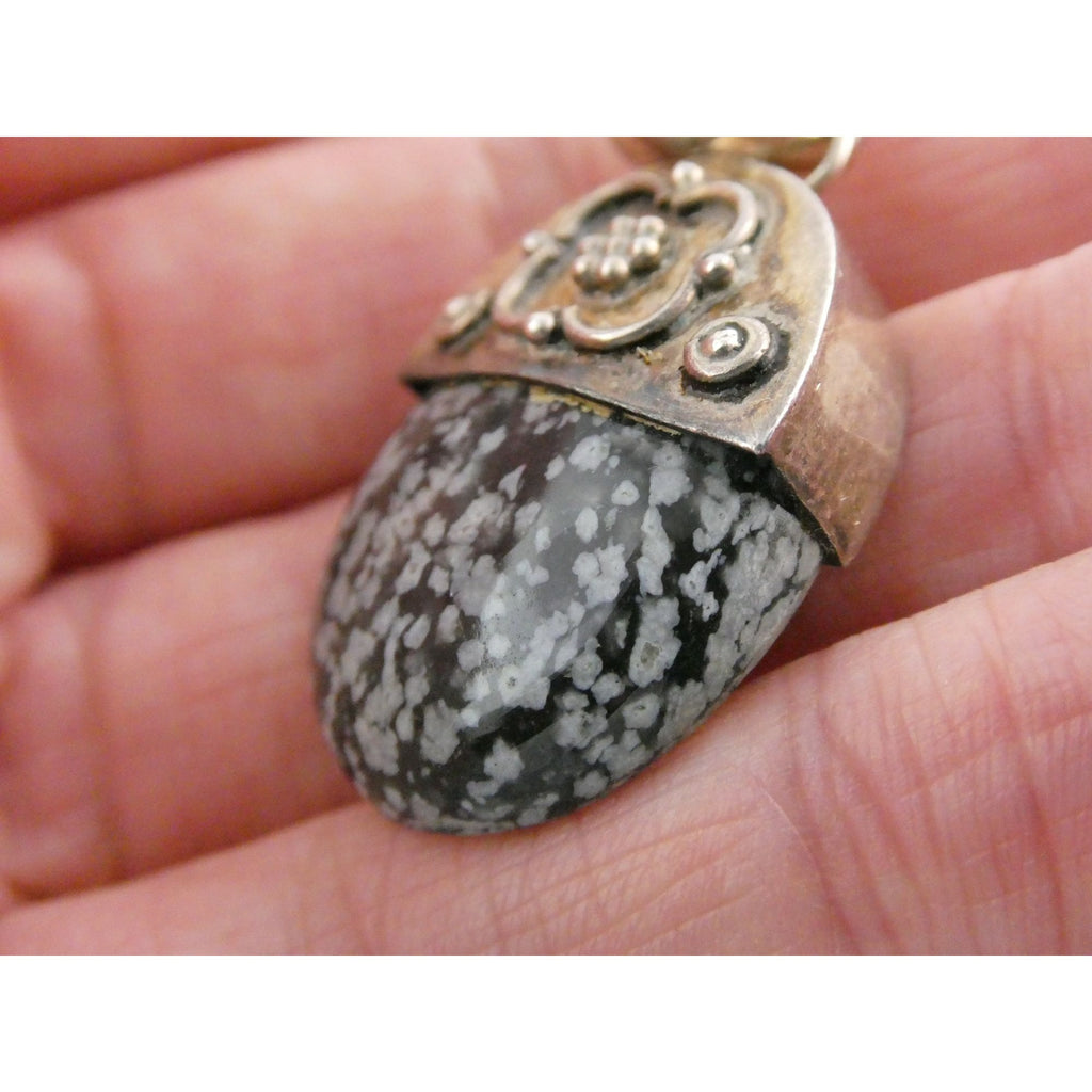 Sterling Silver Snowflake Obsidian Pendant 9g Weight 41mm Total Length