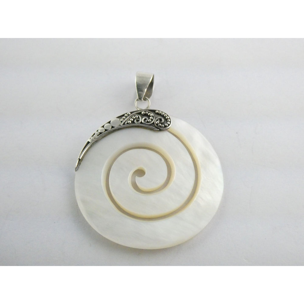 Sterling Silver Mother of Pearl Shell Spiral Cut Disc Pendant 4.7g 925 1.75 Inch