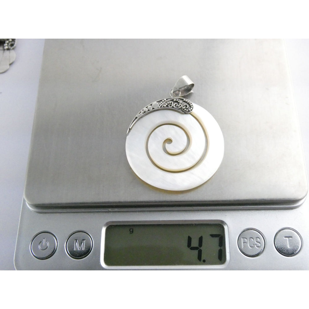 Sterling Silver Mother of Pearl Shell Spiral Cut Disc Pendant 4.7g 925 1.75 Inch