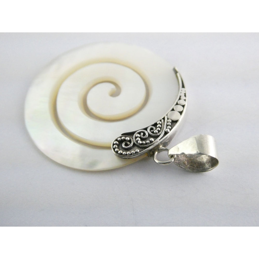 Sterling Silver Mother of Pearl Shell Spiral Cut Disc Pendant 4.7g 925 1.75 Inch