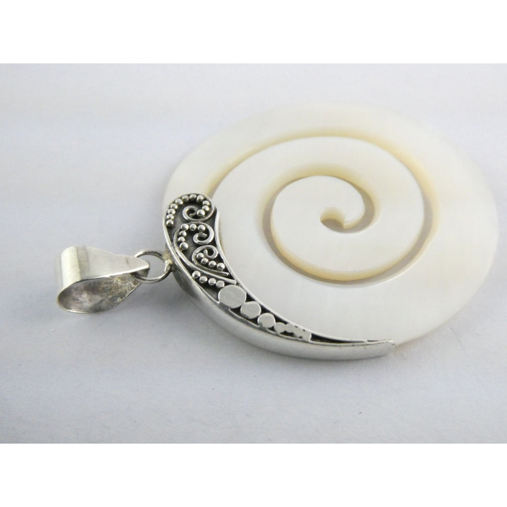 Sterling Silver Mother of Pearl Shell Spiral Cut Disc Pendant 4.7g 925 1.75 Inch