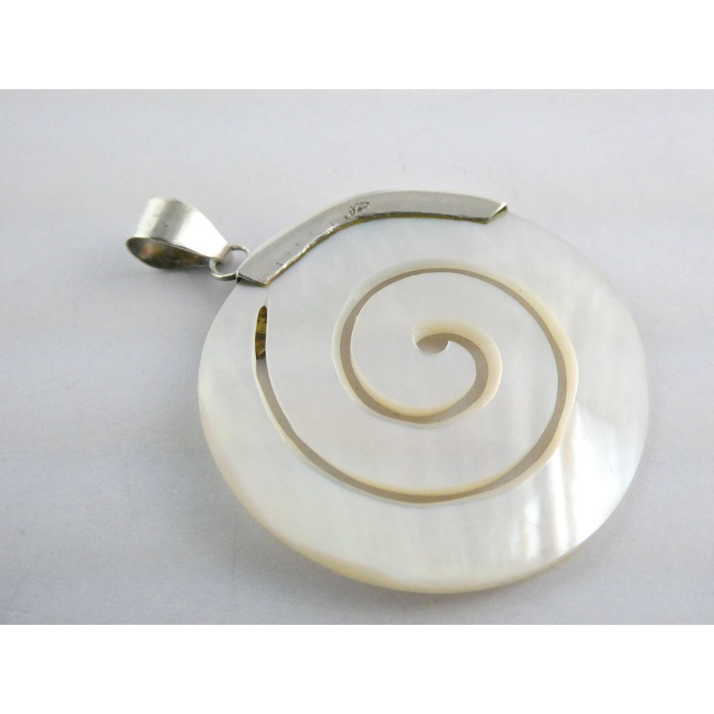 Sterling Silver Mother of Pearl Shell Spiral Cut Disc Pendant 4.7g 925 1.75 Inch