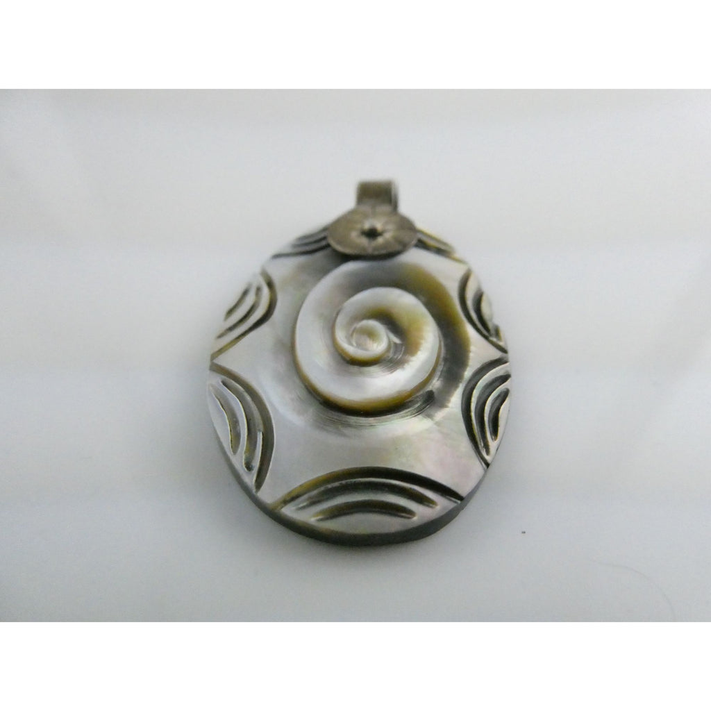 Vintage Mexico 950 Silver Carved Abalone Shell Pendant 5.5g 45mm Length