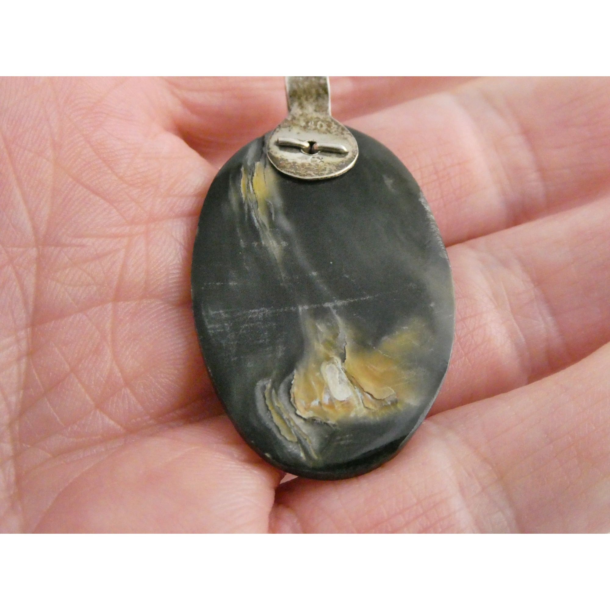 Vintage Mexico 950 Silver Carved Abalone Shell Pendant 5.5g 45mm Length