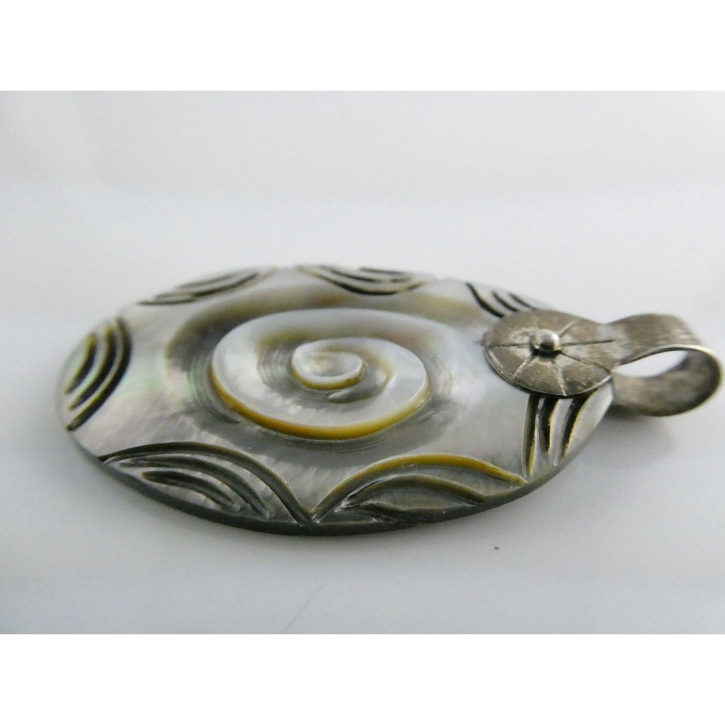 Vintage Mexico 950 Silver Carved Abalone Shell Pendant 5.5g 45mm Length