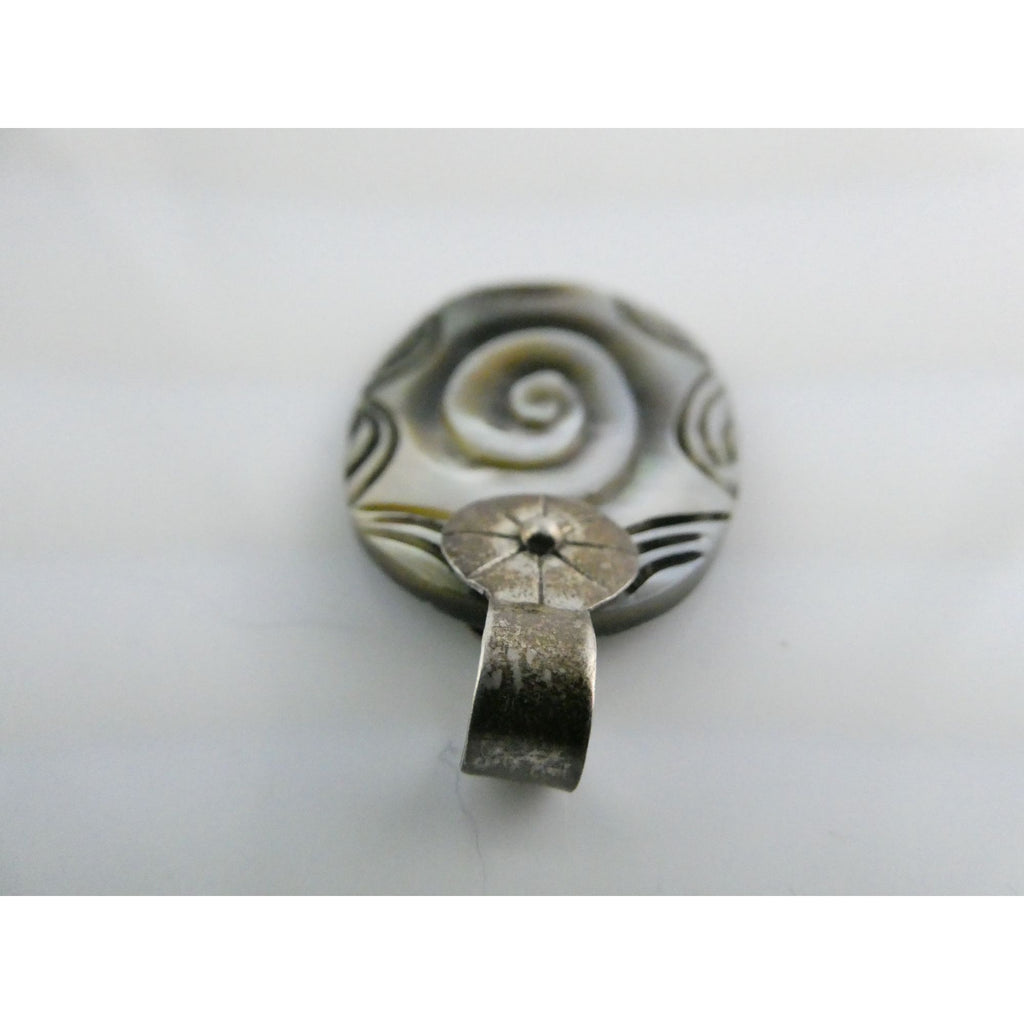 Vintage Mexico 950 Silver Carved Abalone Shell Pendant 5.5g 45mm Length