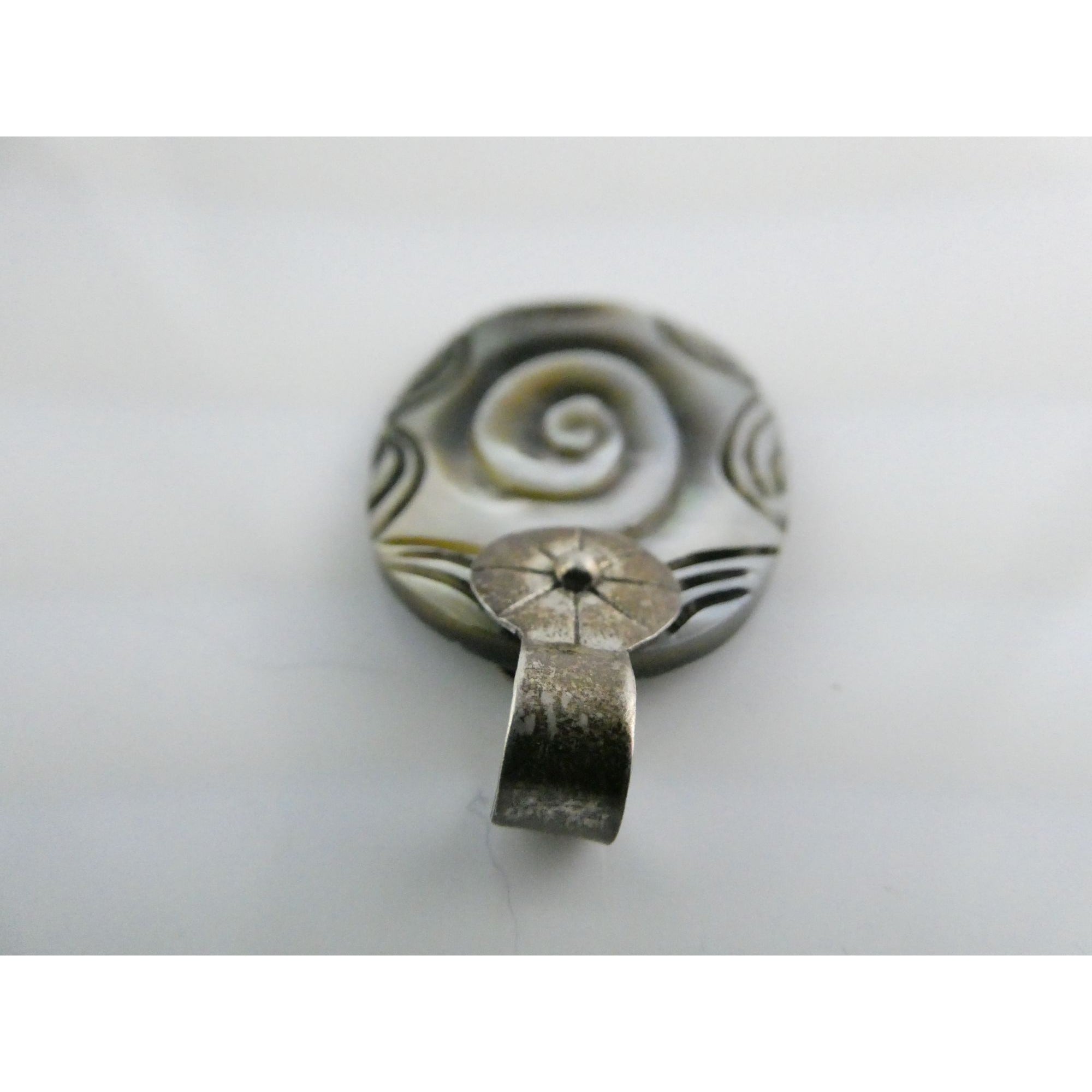 Vintage Mexico 950 Silver Carved Abalone Shell Pendant 5.5g 45mm Length