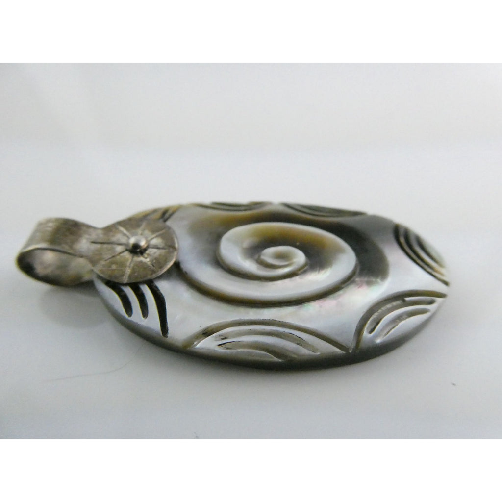Vintage Mexico 950 Silver Carved Abalone Shell Pendant 5.5g 45mm Length