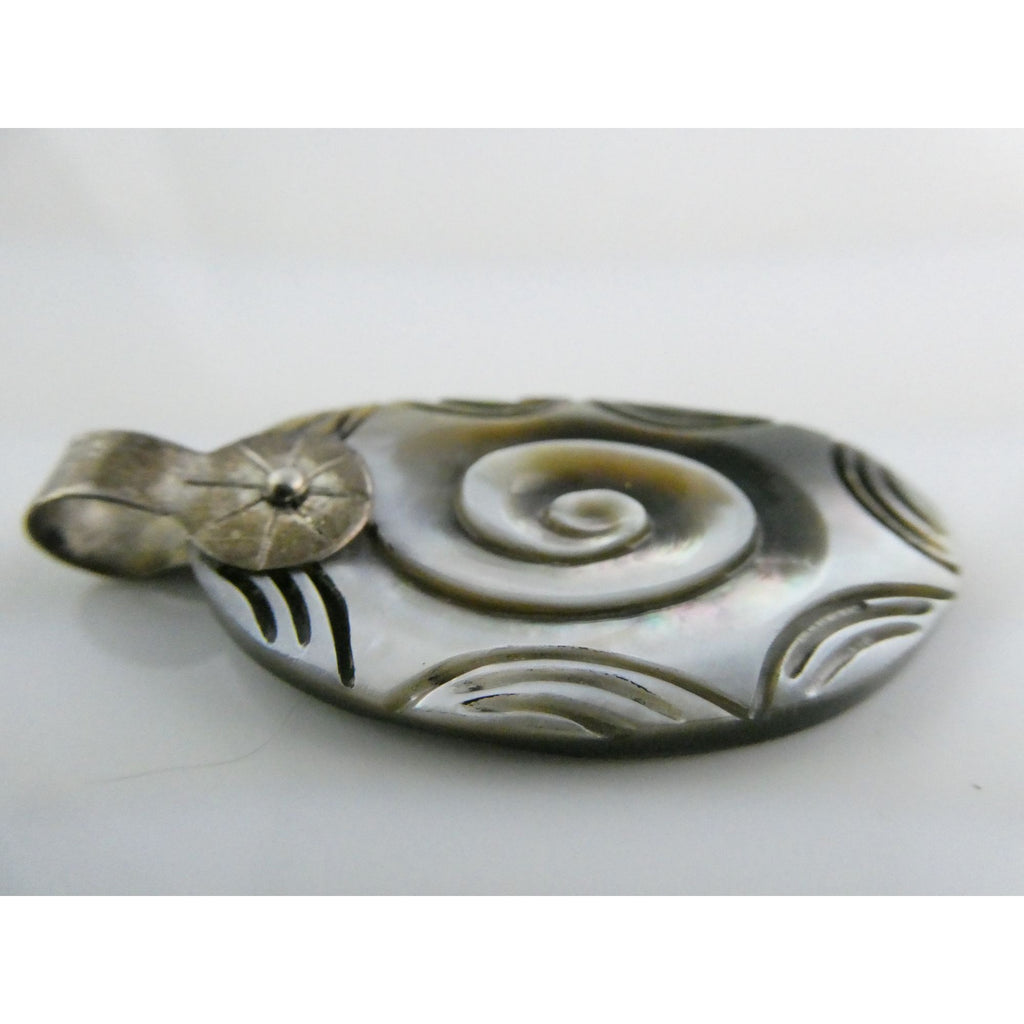 Vintage Mexico 950 Silver Carved Abalone Shell Pendant 5.5g 45mm Length