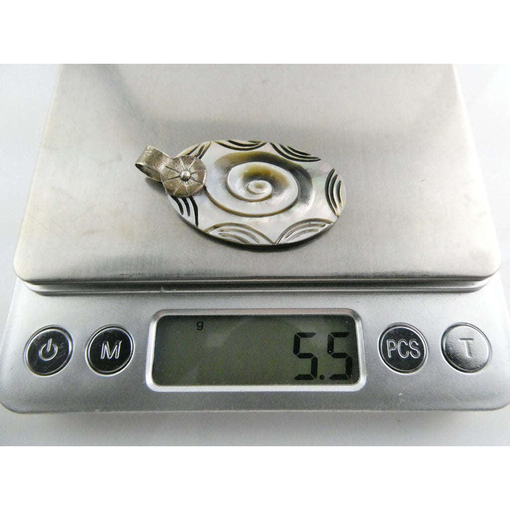 Vintage Mexico 950 Silver Carved Abalone Shell Pendant 5.5g 45mm Length