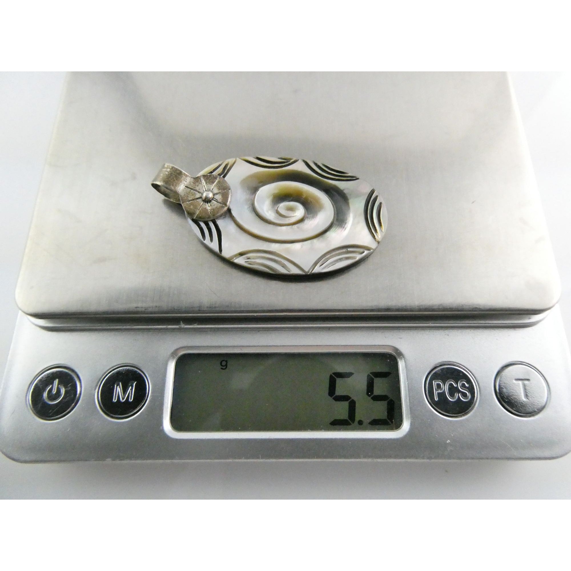 Vintage Mexico 950 Silver Carved Abalone Shell Pendant 5.5g 45mm Length