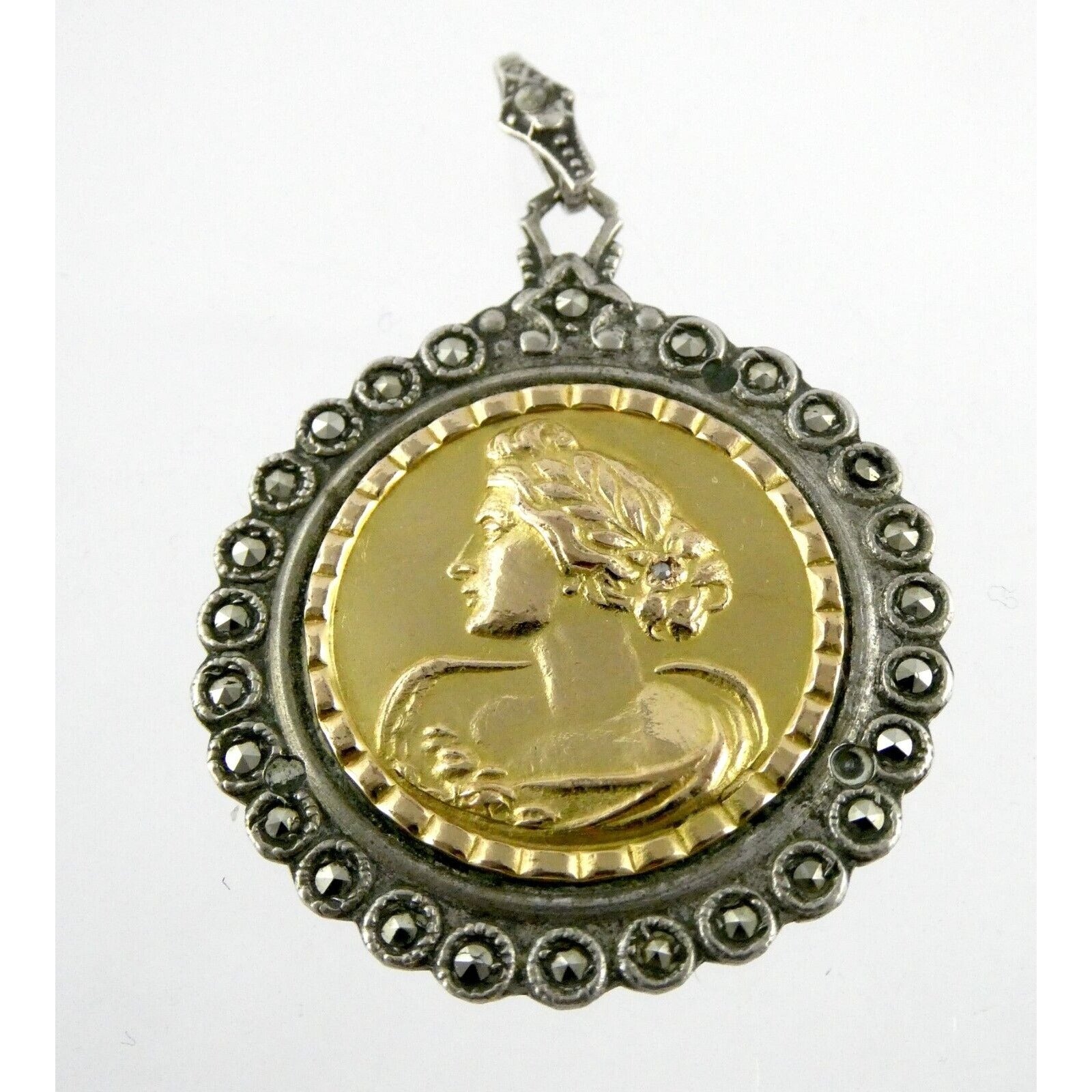 Industria Argentina 800 Silver 18k Gold Coin Pendant Marcasite Diamond Accent