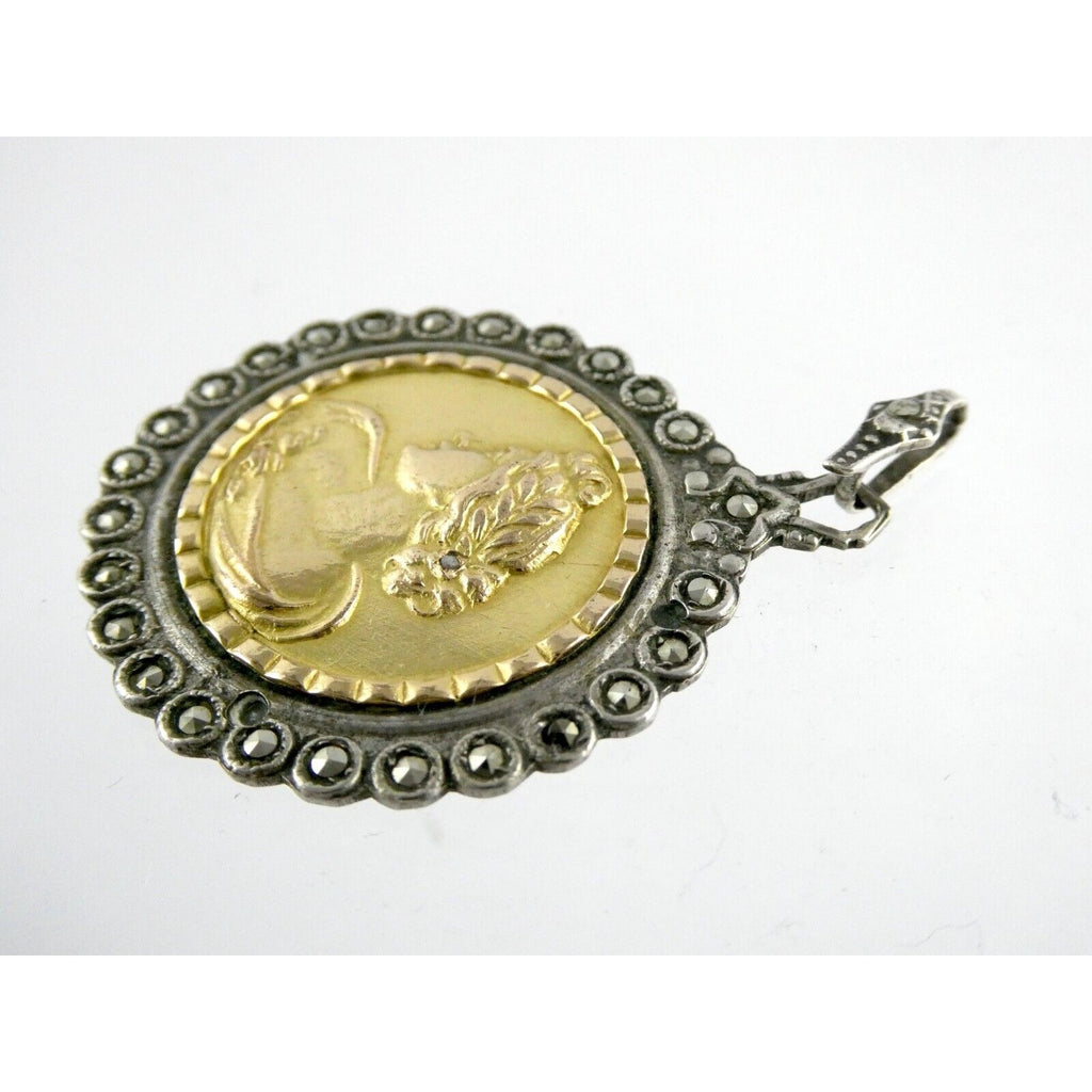 Industria Argentina 800 Silver 18k Gold Coin Pendant Marcasite Diamond Accent