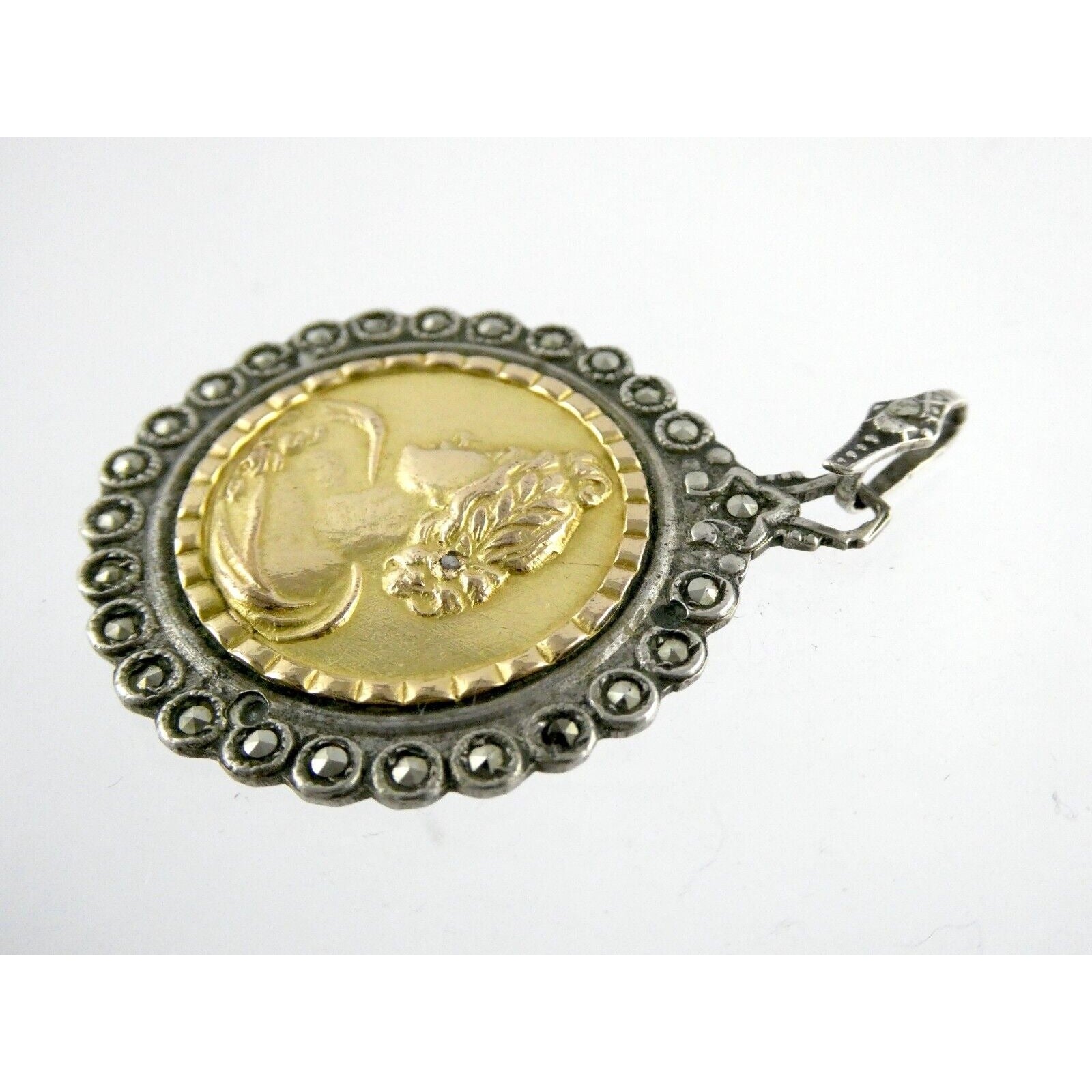 Industria Argentina 800 Silver 18k Gold Coin Pendant Marcasite Diamond Accent