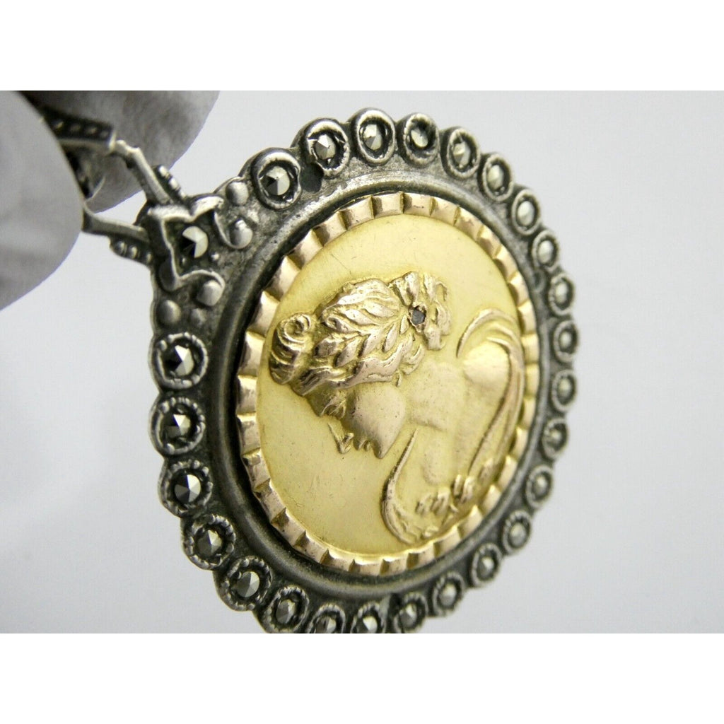 Industria Argentina 800 Silver 18k Gold Coin Pendant Marcasite Diamond Accent