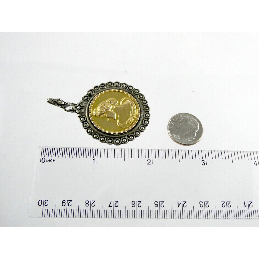 Industria Argentina 800 Silver 18k Gold Coin Pendant Marcasite Diamond Accent