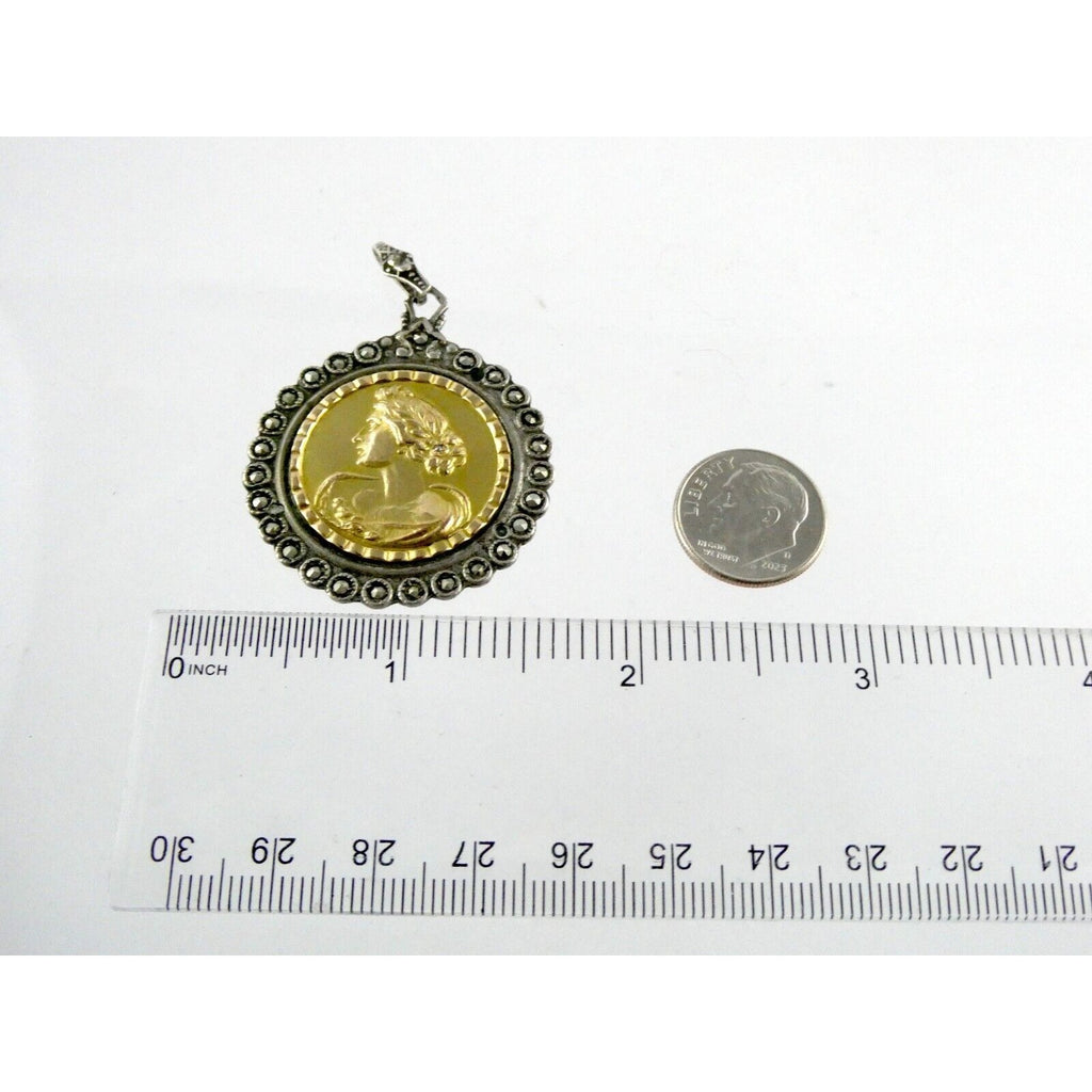 Industria Argentina 800 Silver 18k Gold Coin Pendant Marcasite Diamond Accent