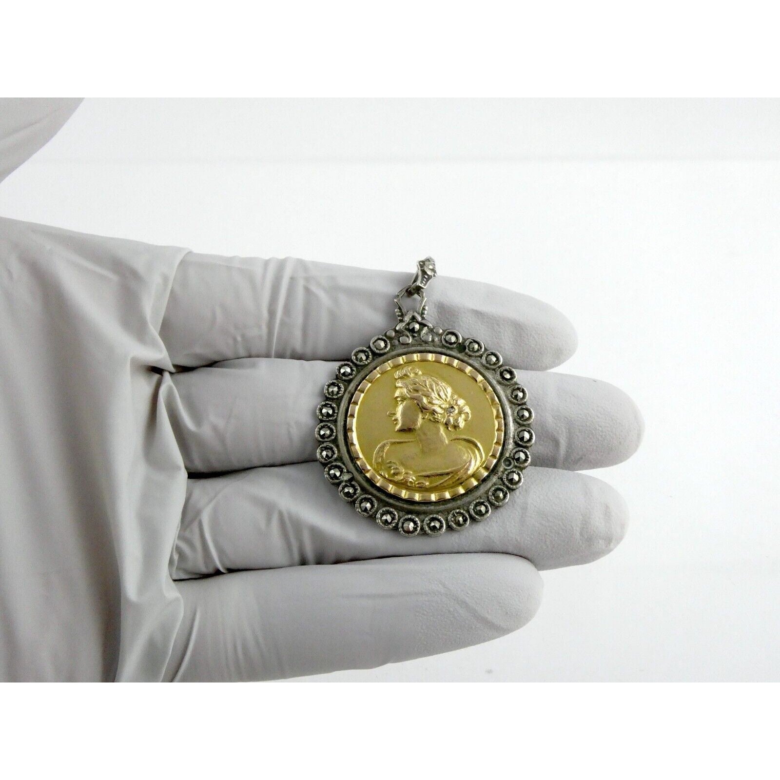 Industria Argentina 800 Silver 18k Gold Coin Pendant Marcasite Diamond Accent