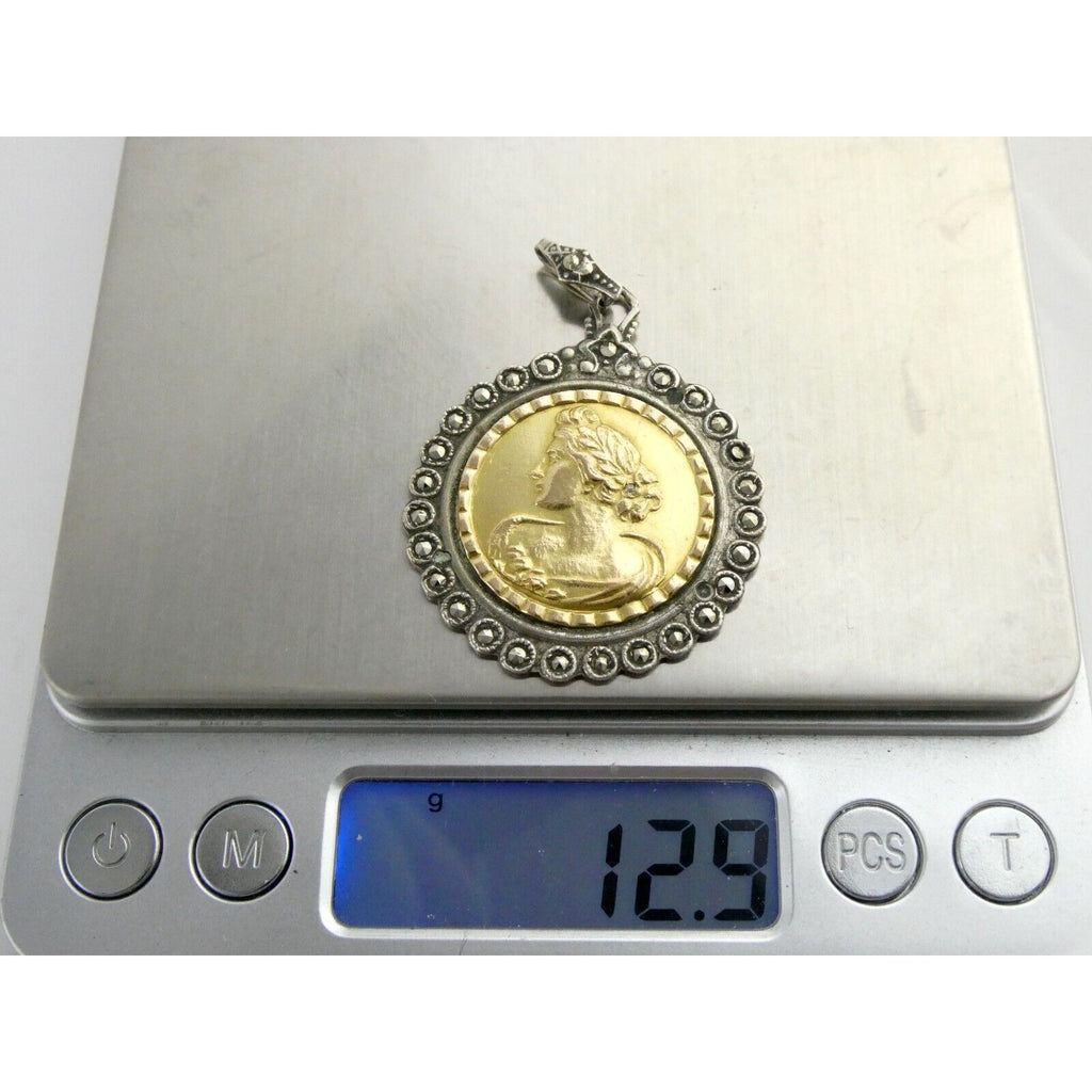 Industria Argentina 800 Silver 18k Gold Coin Pendant Marcasite Diamond Accent