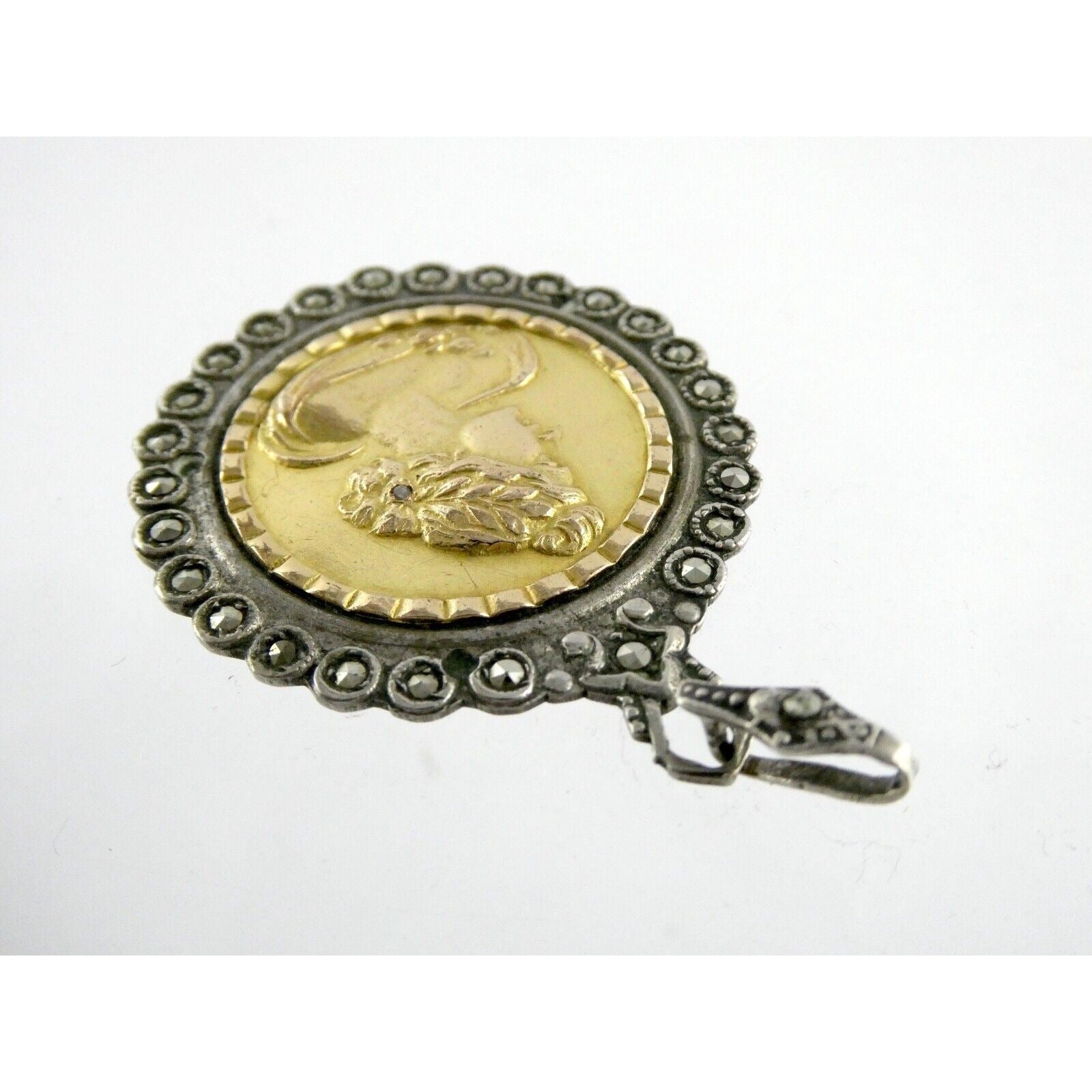 Industria Argentina 800 Silver 18k Gold Coin Pendant Marcasite Diamond Accent