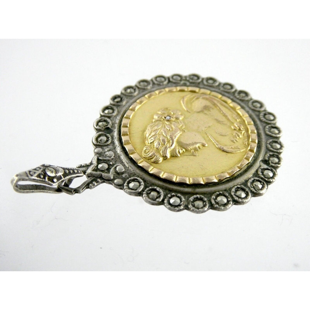 Industria Argentina 800 Silver 18k Gold Coin Pendant Marcasite Diamond Accent