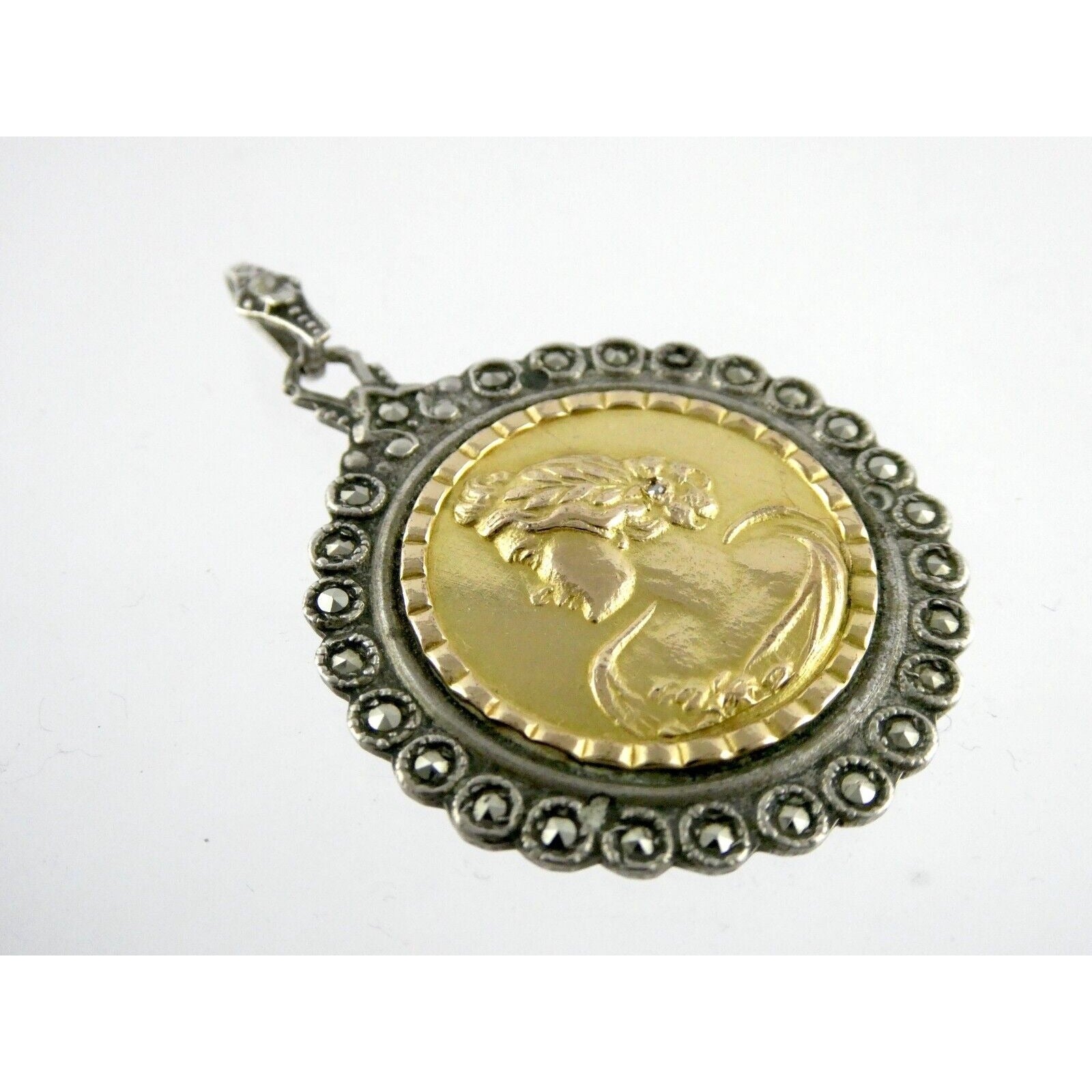 Industria Argentina 800 Silver 18k Gold Coin Pendant Marcasite Diamond Accent