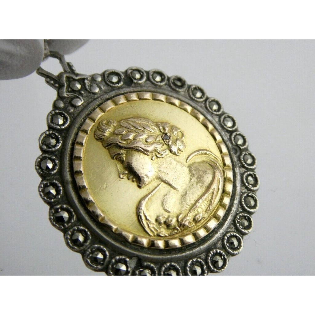 Industria Argentina 800 Silver 18k Gold Coin Pendant Marcasite Diamond Accent