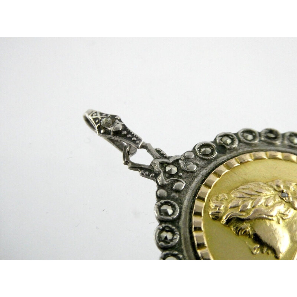Industria Argentina 800 Silver 18k Gold Coin Pendant Marcasite Diamond Accent