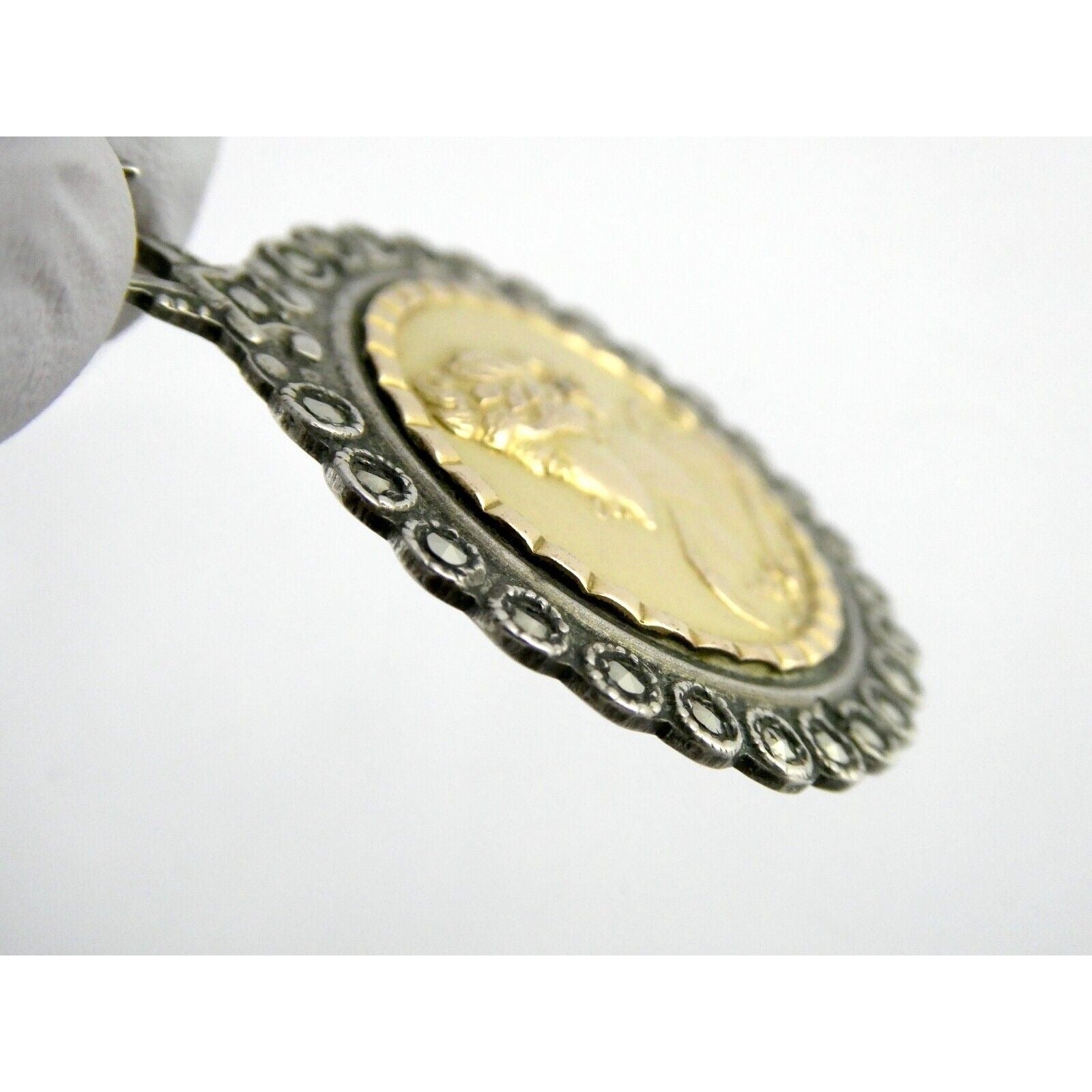 Industria Argentina 800 Silver 18k Gold Coin Pendant Marcasite Diamond Accent