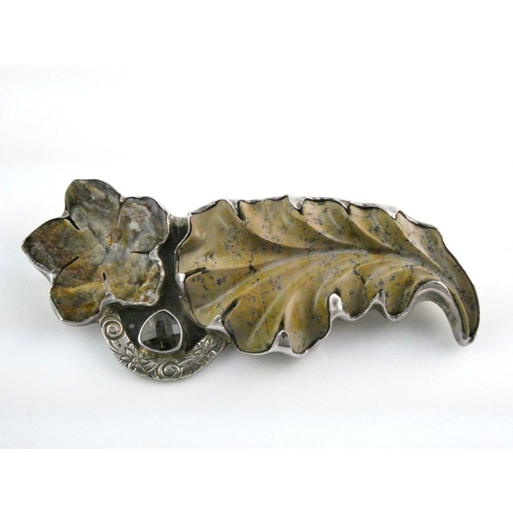 Amy Kahn Russell AKR Carved Jasper Leaf Agate Flower Sterling Silver Pin Pendant
