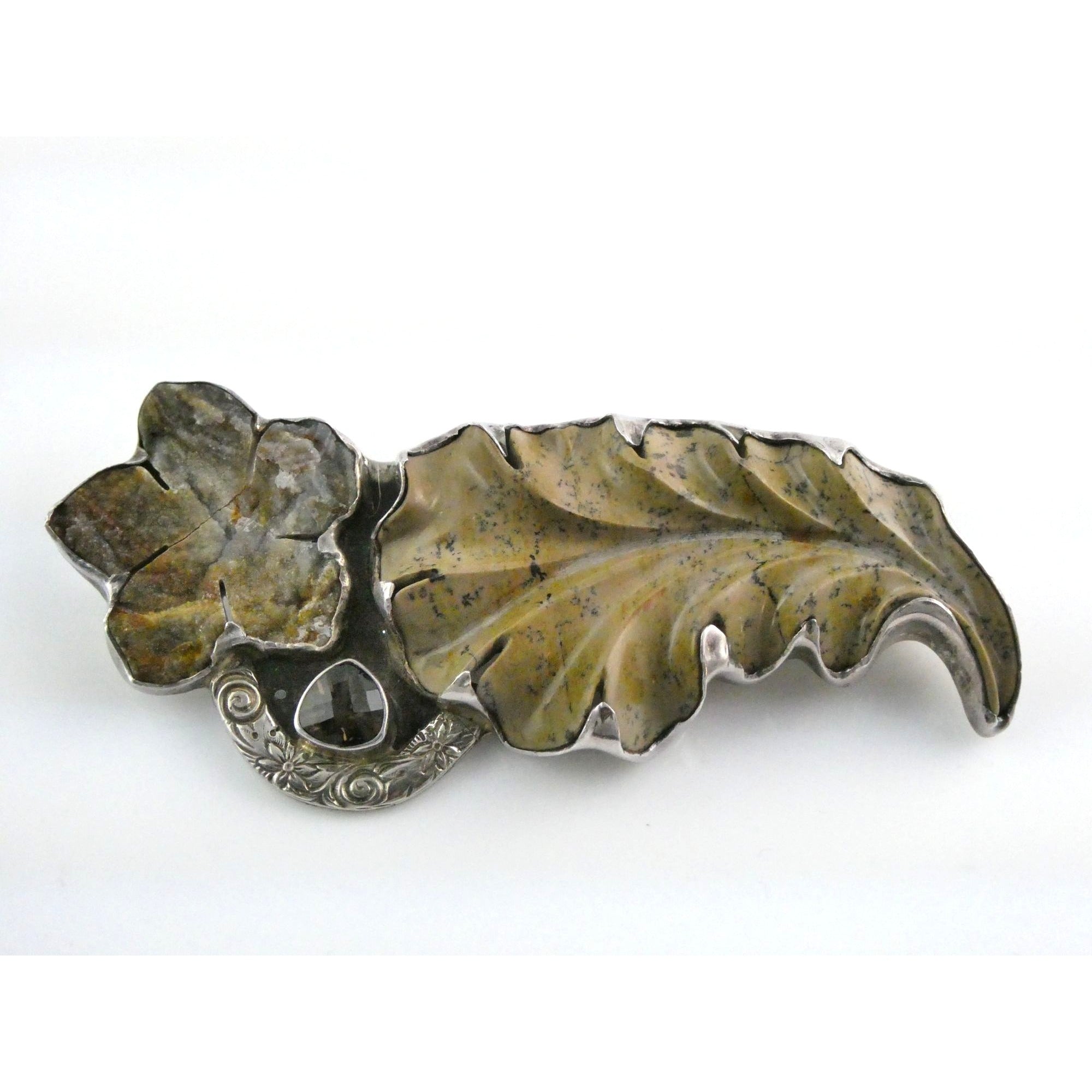 Amy Kahn Russell AKR Carved Jasper Leaf Agate Flower Sterling Silver Pin Pendant