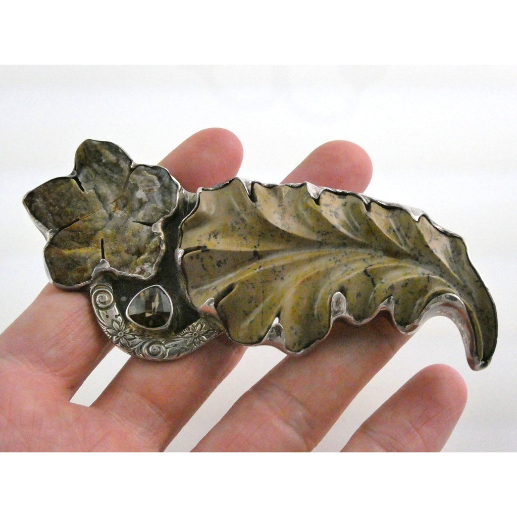 Amy Kahn Russell AKR Carved Jasper Leaf Agate Flower Sterling Silver Pin Pendant