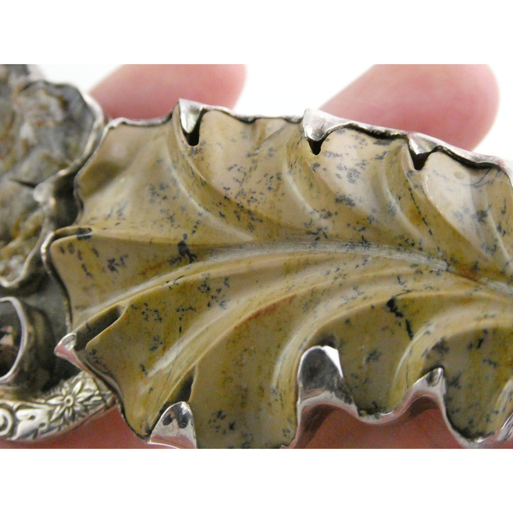 Amy Kahn Russell AKR Carved Jasper Leaf Agate Flower Sterling Silver Pin Pendant