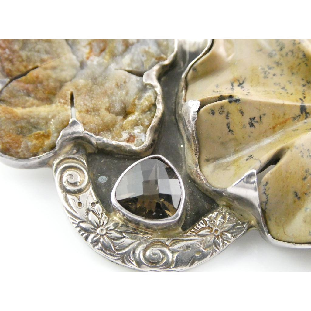 Amy Kahn Russell AKR Carved Jasper Leaf Agate Flower Sterling Silver Pin Pendant