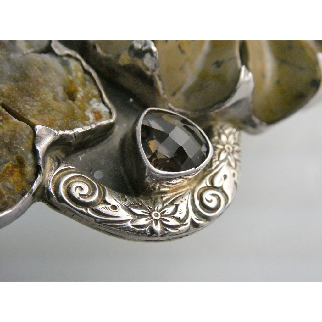 Amy Kahn Russell AKR Carved Jasper Leaf Agate Flower Sterling Silver Pin Pendant