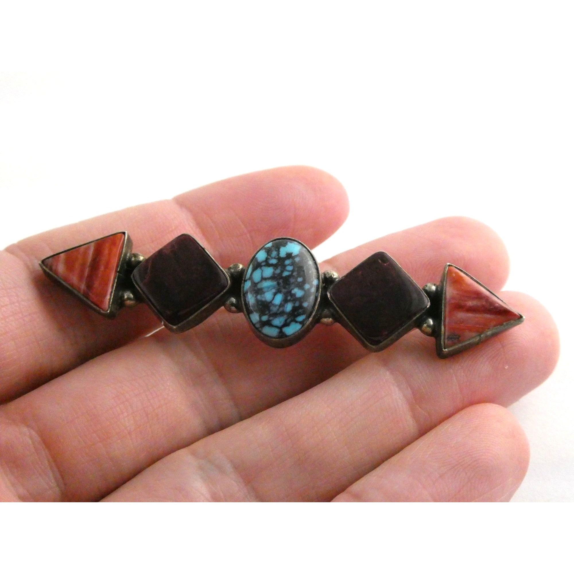 Elgin Tom NA Navajo Sterling Silver Spiny Oyster Shell and Turquoise Pin Brooch