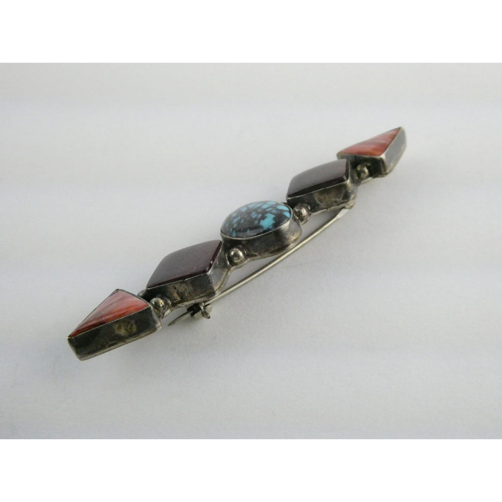 Elgin Tom NA Navajo Sterling Silver Spiny Oyster Shell and Turquoise Pin Brooch