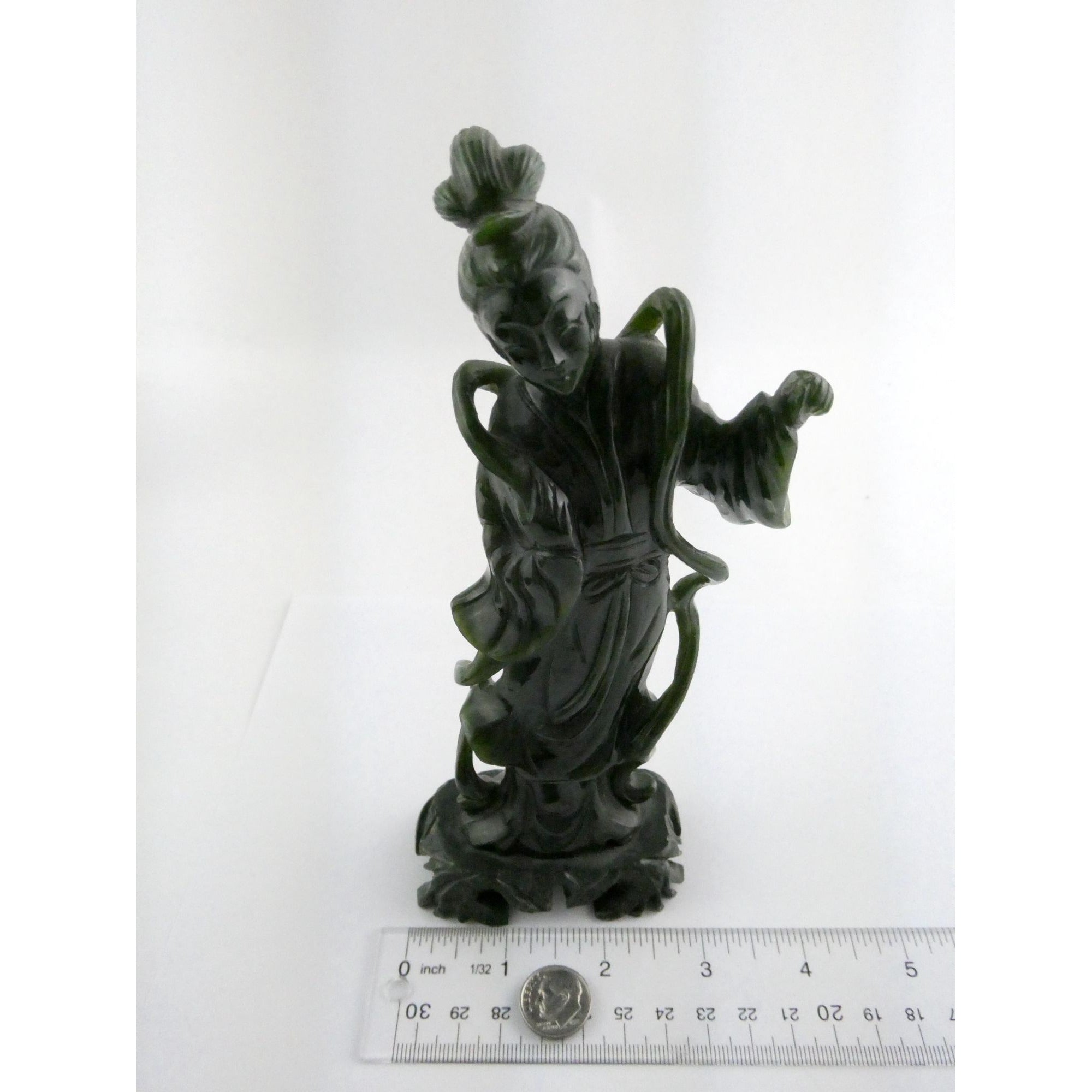 Chinese Carved Spinach Green Nephrite Jade Immortal Goddess Statuette Figurine